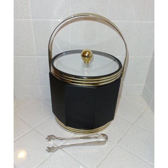 Vintage Preferred Stock Black Octagonal Ice Bucket w/ Gold Trim tongs mcm 1970s - Picture 5 of 9